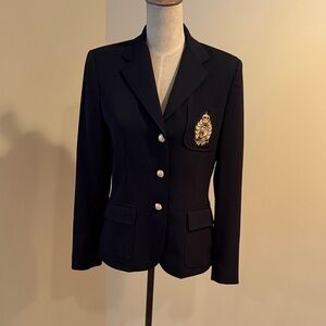 Ralph Lauren Black Wool Blazer with Embroidered Crest